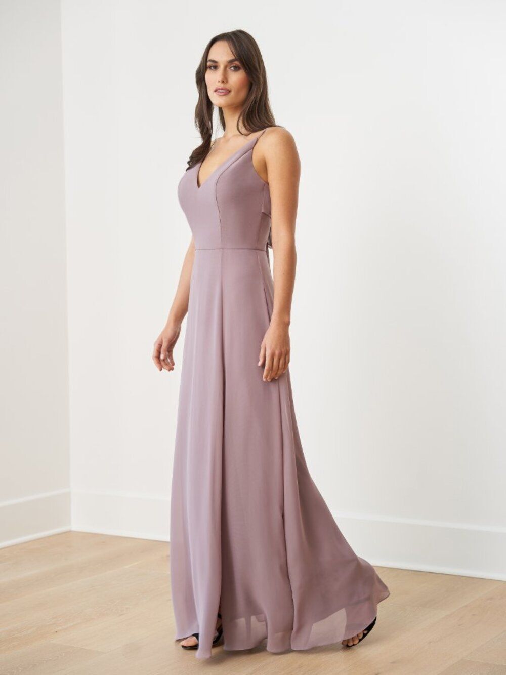 Mauve V-Neck Maxi Bridesmaid Dress Bow Tie Back B2 Jasmine